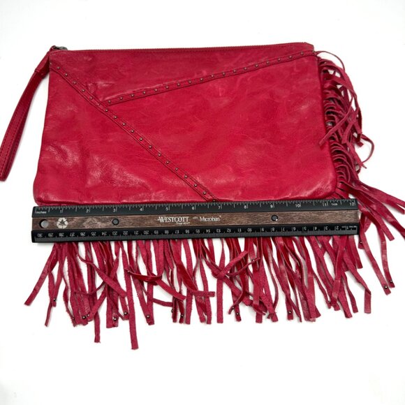 HOBO Red Leather Wristlet Clutch with Studs & Fringe Detail Excellent Condition - Picture 11 of 12